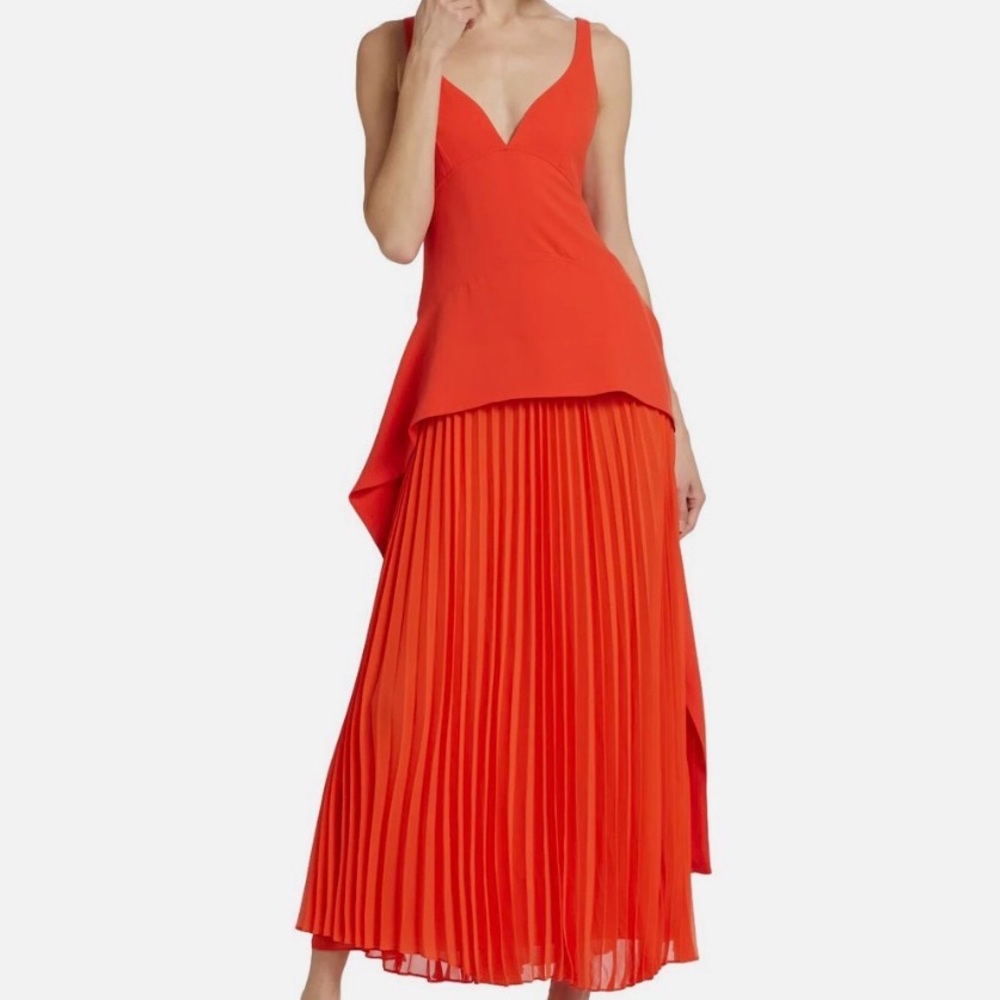 Simkhai Sequoia Pleated Combo Sleeveless V-Neck Midi Dress in Flame Orange - Picture 3 of 5